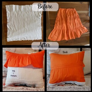 A before-and-after image shows a white fabric and an orange skirt transformed into a decorative memory pillow. The pillow features an orange ruffle and a white base with the names "Holly & Christopher" embroidered on it.