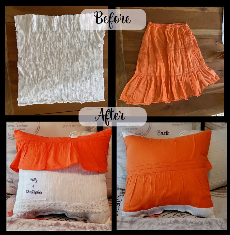 A before-and-after image shows a white fabric and an orange skirt transformed into a decorative memory pillow. The pillow features an orange ruffle and a white base with the names "Holly & Christopher" embroidered on it.