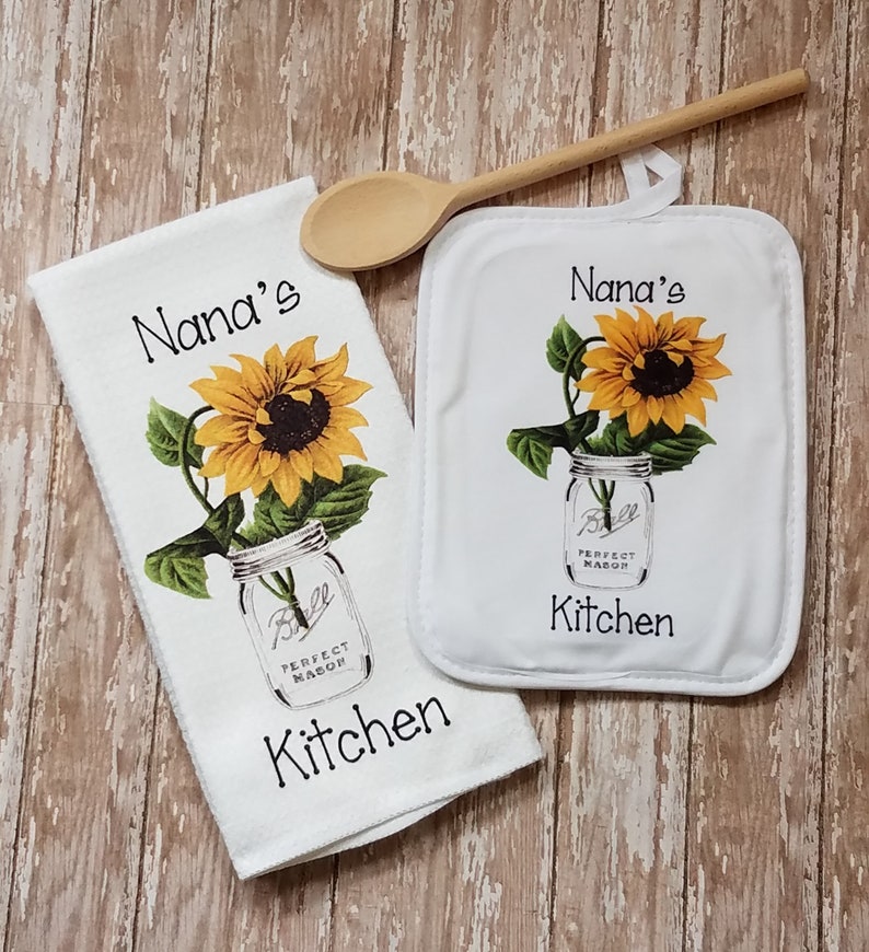 Personalized Country Sunflower in Mason Jar Kitchen Towel Dish Cloth and Pot Holder Gift Set, Mother's Day Gift, Birthday Housewarming Gift image 8