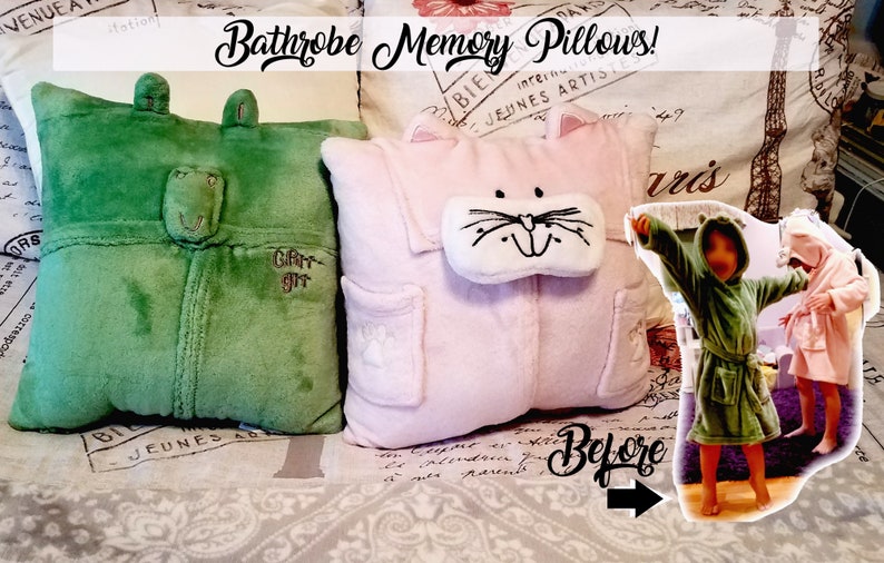 Two plush pillows made from bathrobes. One is green with a frog face, the other is pink with a cat face. The image includes the text "Bathrobe Memory Pillows!" and a photo of children in bathrobes.