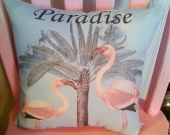 Paradise Pink Flamingo en Palm Tree Kussen, Vintage Geïnspireerd Strand Decor, Flamingo Thema Decor en Geschenken