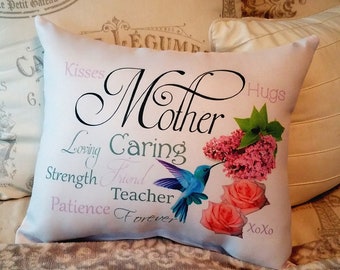 Sentimenteel moedercadeau kussen, speciaal Moederdagcadeau, moederkussen met bloemen en kolibrie, cadeau voor moeder, kerstcadeau