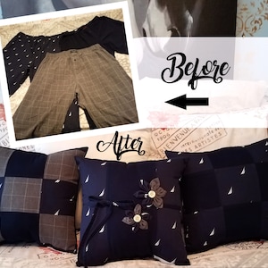 Before and after image showing repurposed clothing. Top shows navy and plaid pants. Bottom shows three decorative memory pillows. Two pillows are navy with white sailboat designs, one with flower embellishments. The third pillow is plaid and navy.