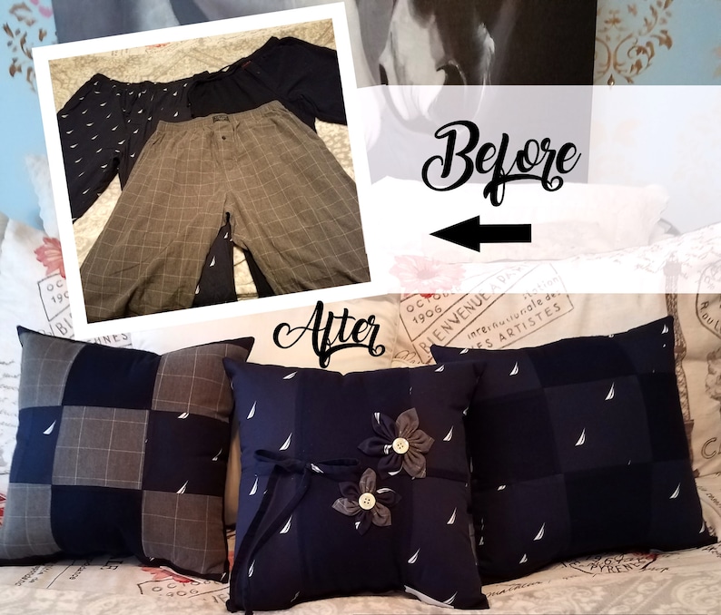 Before and after image showing repurposed clothing. Top shows navy and plaid pants. Bottom shows three decorative memory pillows. Two pillows are navy with white sailboat designs, one with flower embellishments. The third pillow is plaid and navy.