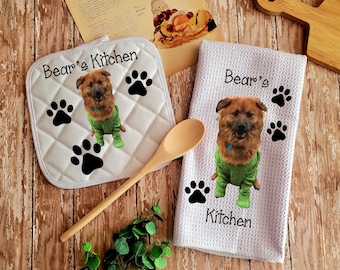 Set regalo personalizzato con foto del tuo animale domestico: strofinaccio e presina, strofinaccio e presina con foto di cane o gatto, regalo di Natale o per chi ama gli animali.