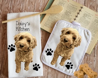 Personalized Pet Photo Kitchen Dish Towel & Pot Holder Gift Set, Dog or Cat Dish Cloth Potholder, Pet Lover Housewarming or Christmas Gift