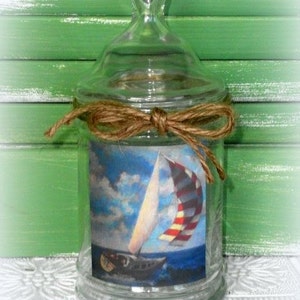Sailboat Decorative Jar, Beach Decor, Sailboat Decor,  Nautical Bathroom Decor, Ginger Jar, Lidded Jar, Tabletop Decor, Housewarming Gift