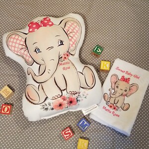 Sweet Personalized Baby Girl Elephant Throw Pillow and Burp cloth, Baby Shower or New Baby Gift, Nursery Décor, Handmade In The USA