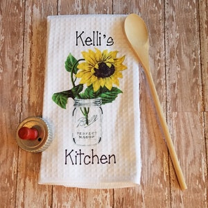 Personalized Country Sunflower in Mason Jar Kitchen Towel Dish Cloth and Pot Holder Gift Set, Mother's Day Gift, Birthday Housewarming Gift image 3