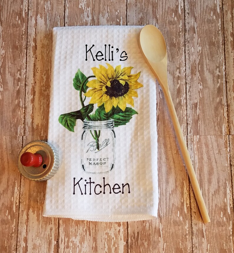 Personalized Country Sunflower in Mason Jar Kitchen Towel Dish Cloth and Pot Holder Gift Set, Mother's Day Gift, Birthday Housewarming Gift image 3