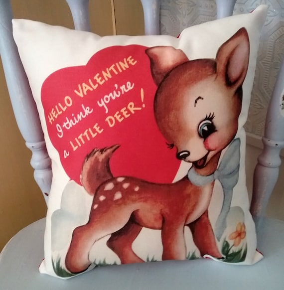 Handmade Vintage Kitsch Reindeer Valentine's Day Throw Pillow Made From Retro 1950's Greeting Card Image, Valentine's Day Decor