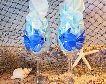 Hand Painted Blue Fish Wine Glasses, Beach Wedding Gift, Coastal Decor