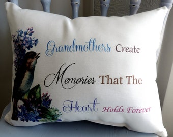 Pretty Handmade Grandmother Gift Throw Pillow with Bird and Flowers, Special Birthday or Christmas Gift For Grandma From Grandchildren