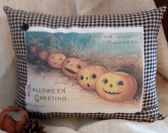 Vintage Victoriaanse Jack O'Lantern Pumpkin Patch Halloween Kussen, Vintage Geïnspireerd Shabby Chic Halloween Decor