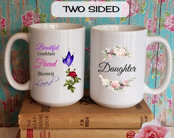 Sentimental Special Daughter Gift Koffiemok, 2-zijdige koffiekop met roos, vlinder & sentimenten, kerst- of verjaardagscadeau voor een dochter