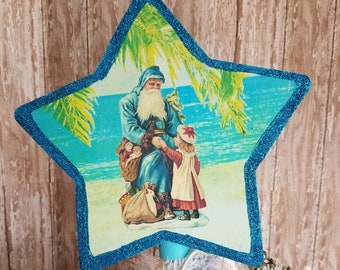 Blue Coastal Christmas Tree Topper with Vintage Santa Image | Beach House Holiday Decor