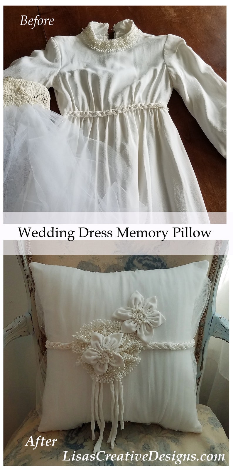 A white wedding dress transformed into a memory pillow. The pillow features a floral embellishment with pearls and a braided trim. The text "Wedding Dress Memory Pillow" is visible.