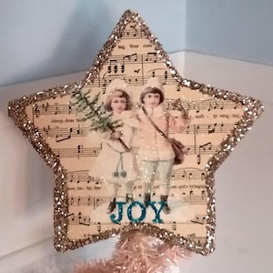 Handmade Vintage Style Victorian Christmas Tree Topper With Children, Antique White, Vintage Sheet Music Motif, Victorian Holiday Decor
