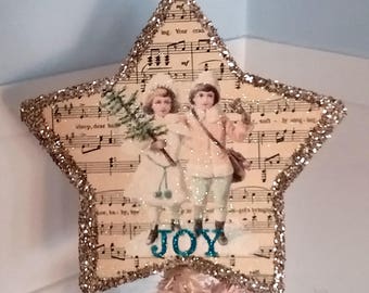 Handmade Vintage Style Victorian Christmas Tree Topper With Children, Antique White, Vintage Sheet Music Motif, Victorian Holiday Decor
