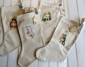 Calcetín navideño vintage victoriano hecho a mano con etiqueta para personalizar.