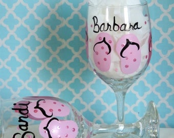 Personalized Hand Painted Pink Flip Flop Wine Glass, Summer Beach Wedding Decor, Wedding Gift, Bridal Shower Gift, Bridesmaid Gift, Favor