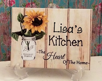 Personalized Country Sunflower In Mason Jar Ceramic Tile Kitchen Sign, Plaque, Farmhouse Kitchen Decor, Housewarming or Wedding Gift