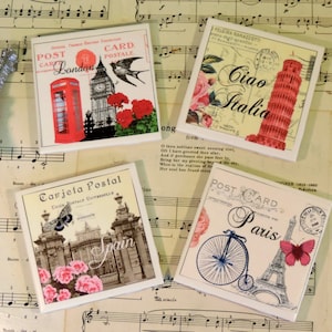vintage European Postcard Inspired Ceramic Tile Coaster Set, Paris, Spain, London and Italy, Europe Themed Decor, Gift For World Traveler