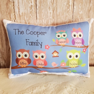 Personalized Owl Family Gift Throw Pillow, Cute Housewarming Gift, Woodland Decor, Fall Decor Handmade In The USA