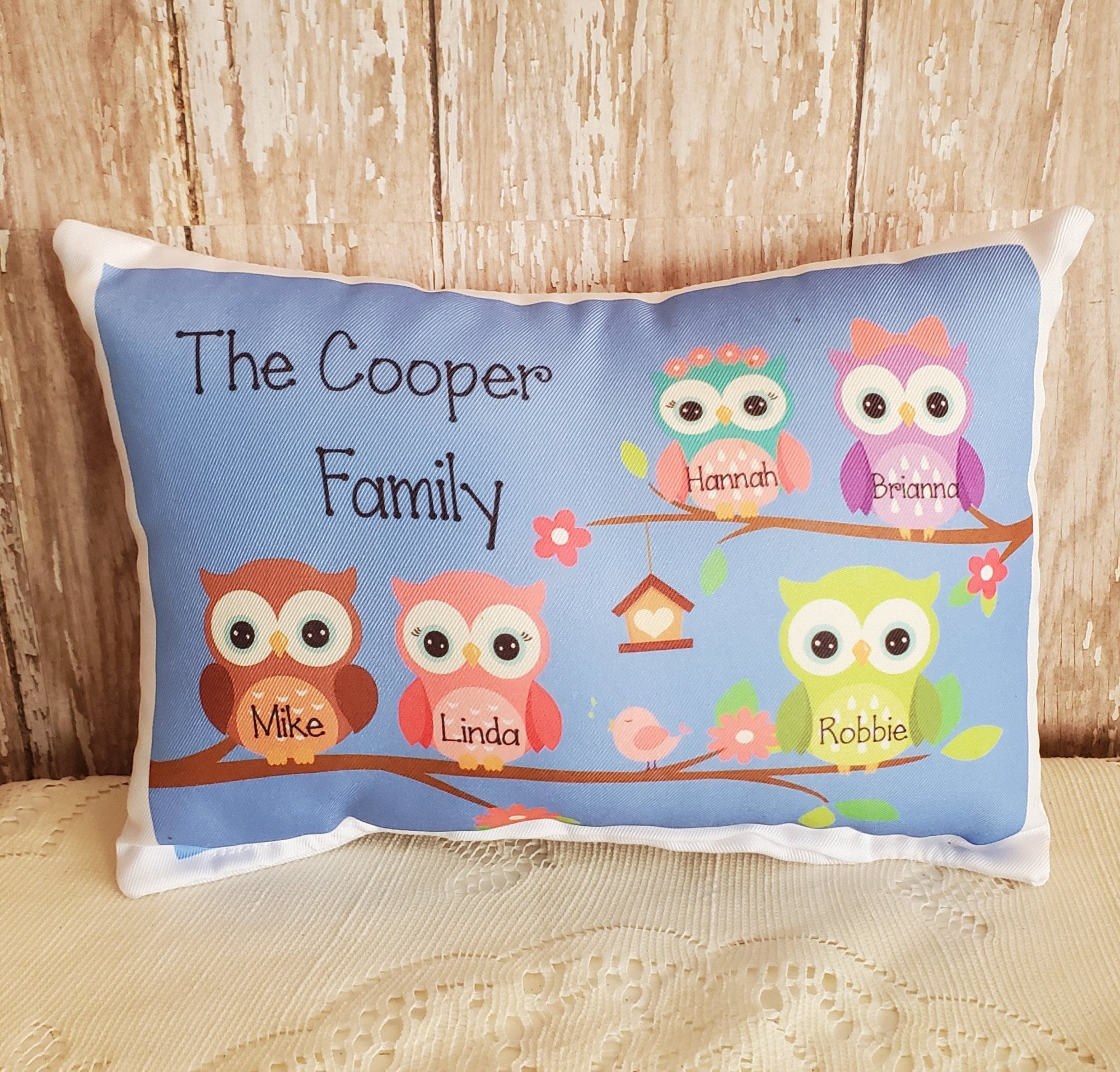 Cute Personalized Owl Family Gift Throw Pillow,  Custom Housewarming Gift
