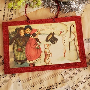 Handmade Vintage Victorian Snowman Christmas Card Wall Plaque, Nostalgic Victorian Christmas Decoration, Wall Hanging