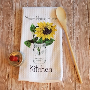 Personalized Country Sunflower in Mason Jar Kitchen Towel Dish Cloth and Pot Holder Gift Set, Mother's Day Gift, Birthday Housewarming Gift image 2