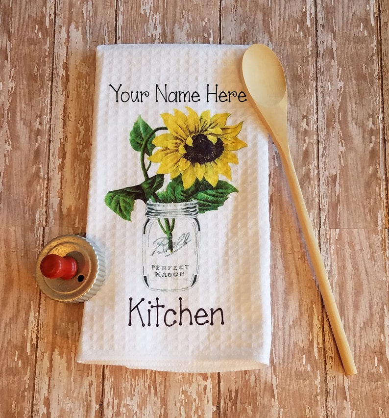 Personalized Country Sunflower in Mason Jar Kitchen Towel Dish Cloth and Pot Holder Gift Set, Mother's Day Gift, Birthday Housewarming Gift image 2