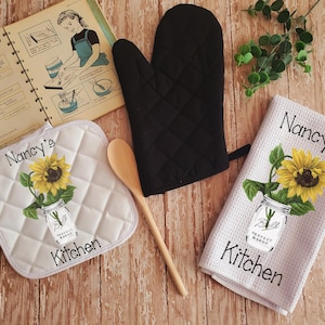 Personalized Country Sunflower Kitchen Towel Dish Cloth and Pot Holder Gift Set, Mother&#39;s Day Birthday, Christmas, Housewarming Gift