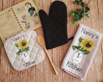 Personalized Country Sunflower Kitchen Towel Dish Cloth and Pot Holder Gift Set, Mother&#39;s Day Birthday, Christmas, Housewarming Gift