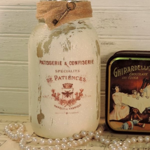 Glittered French Label Mason Jar Candle Holder, Patisserie & Confiserie, Wedding Centerpiece Decoration