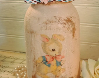 Vintage Kitsch Easter Bunny Painted Mason Jar Votive Candle Holder