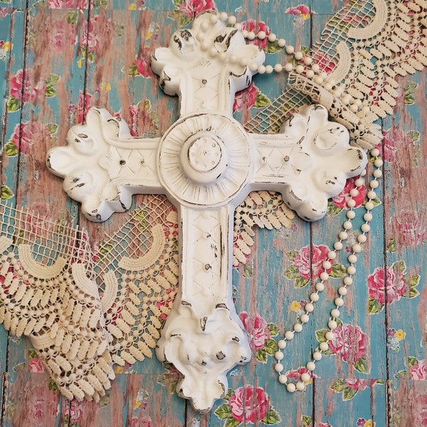 Ornate Decorative Wall Cross, Distressed Shabby White, Religious Home Décor