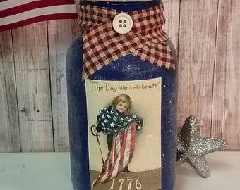Vintage Inspired Patriotic Mason Jar Candle Holder, Fourth Of July Decoration, Americana Country Decor
