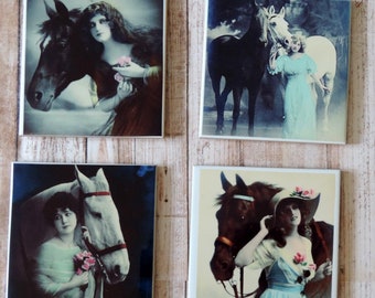 Viktorianisches Pferd Untersetzer-Set, Keramik Vintage viktorianische Damen & Pferd Untersetzer, Geschenk Pferdeliebhaber, viktorianisches Dekor, Einweihungsparty