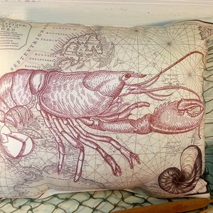 Handmade Lobster Throw Pillow with Vintage Nautical Map Background, Coastal Chic Beach Cottage Décor