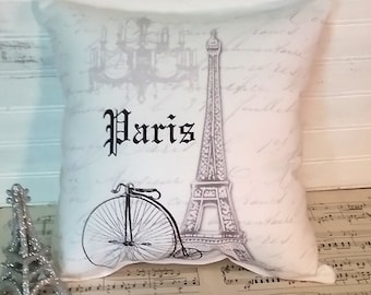 Handmade Paris Eiffel Tower Pillow: French Script Cushion