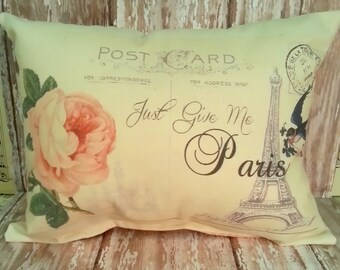 Handmade Paris Postcard Throw Pillow, Just Give Me Paris Decorative French Throw Pillow With Eiffel Tower, Bird and Rose