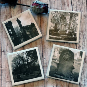 Historical Cemetery Photo Coaster Set, Tombstone Halloween Coasters, Halloween Wedding Gift, Gothic Decor