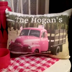 Personalized Vintage Farm Truck Throw Pillow, Farmhouse Decor, Family Gift, Housewarming Gift, Handmade To Order in the USA