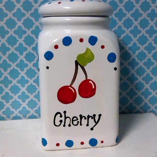 Hand Painted Cherry Kitchen Canister, Retro Country Chic Kitchen Decor, Vintage Style