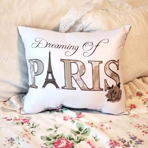 Châteaucore Gray Dreaming Of Paris Eiffel Tower Pillow, French Country Farmhouse Pillow Cushion, Handmade To Order