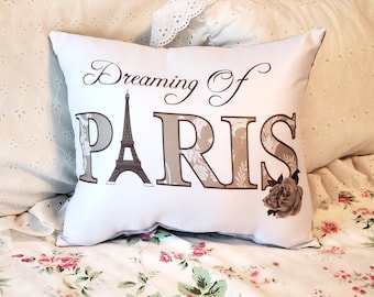 Gray Dreaming Of Paris Eiffel Tower Pillow, French Country Farmhouse Pillow Cushion, Handmade To Order