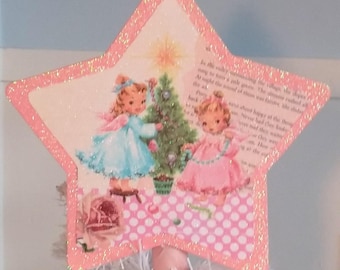Handmade Pink Retro Kitsch Angel Christmas Tree Topper, Made From Vintage Christmas Card Image, Pink Shabby Chic Christmas Decor