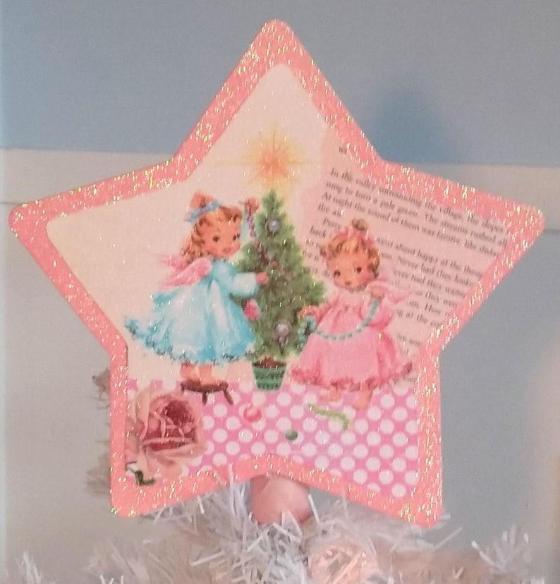 Vintage Christmas Card Image Shabby Cottage Style Christmas Decor Pink Retro Kitsch Angel Christmas Tree Topper