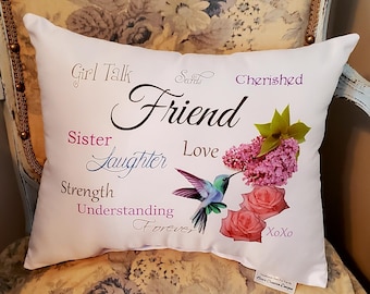 Sentimental Friend Gift Throw Pillow w/ Hummingbird and Florals